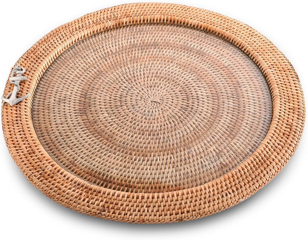 Vagabond House Round Basket Tray - Hand Woven Wicker Rattan Tray Round Trays with Glass Insert, P... | Amazon (US)