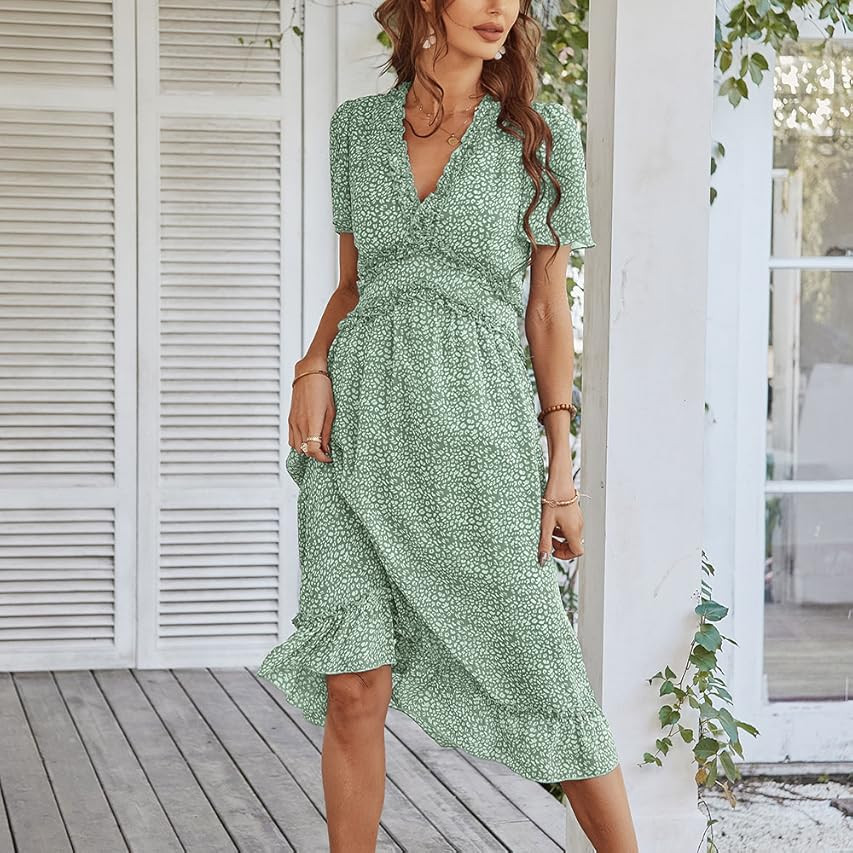KIRUNDO Women's Summer Casual Ruffle Short Sleeve Deep V Neck Boho Floral Print Midi Dress Flowy Chi | Amazon (US)