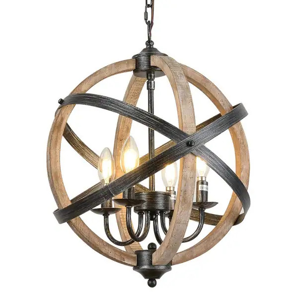 Farmhouse Orb Chandelier, 16" Metal And Wood Spherical Pendant Light, 4-Light Handmade Rustic Woo... | Bed Bath & Beyond
