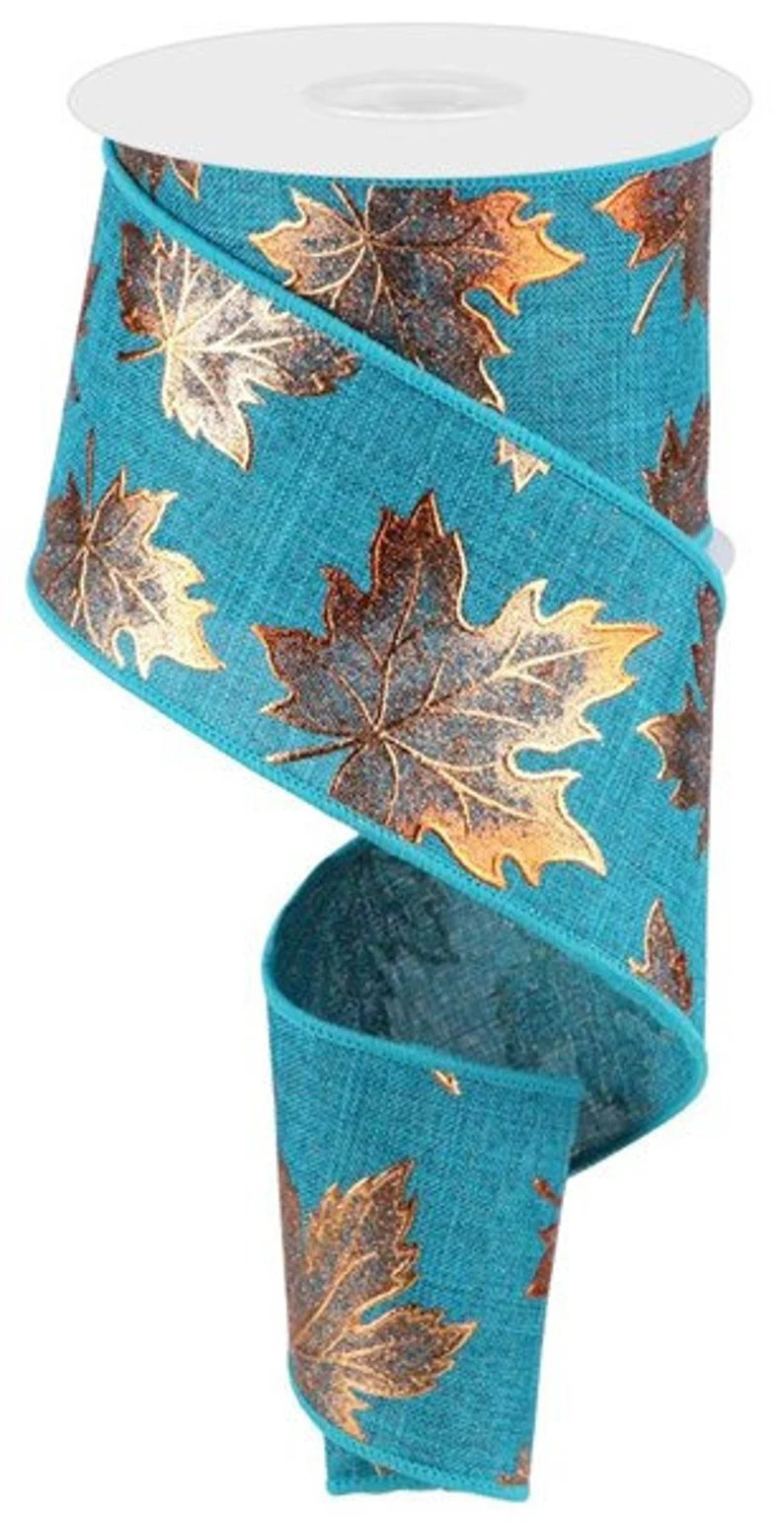Teal and copper fall leaves wired ribbon, 2.5" fall ribbon, leaf ribbon, Fall ribbon, Bow ribbon,... | Etsy (US)