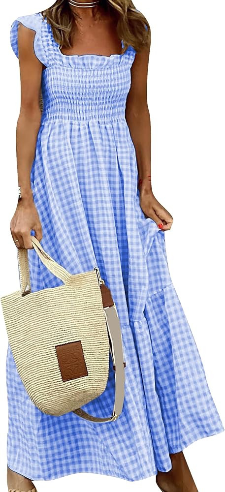 OMZIN Women's Sleeveless Square Neck Smocked Sundress High Waist Ruffle Swing A Line Maxi Dress | Amazon (US)
