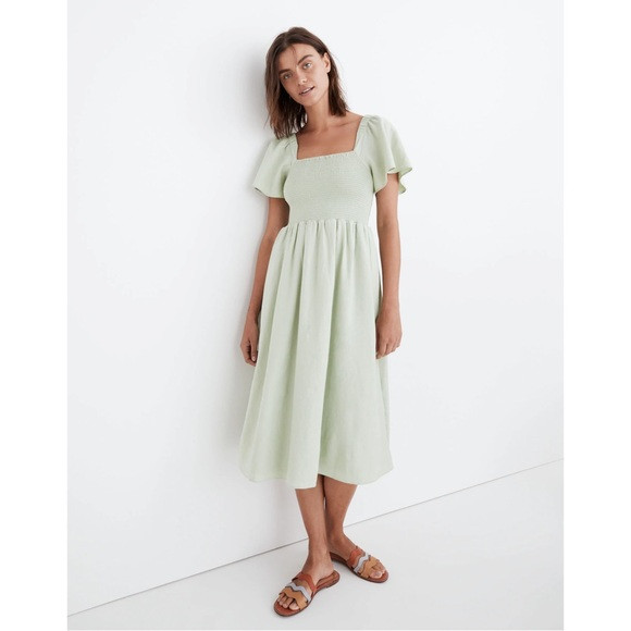 NWT Madewell Linen-Blend Smocked Midi Dress in Light Green | Poshmark