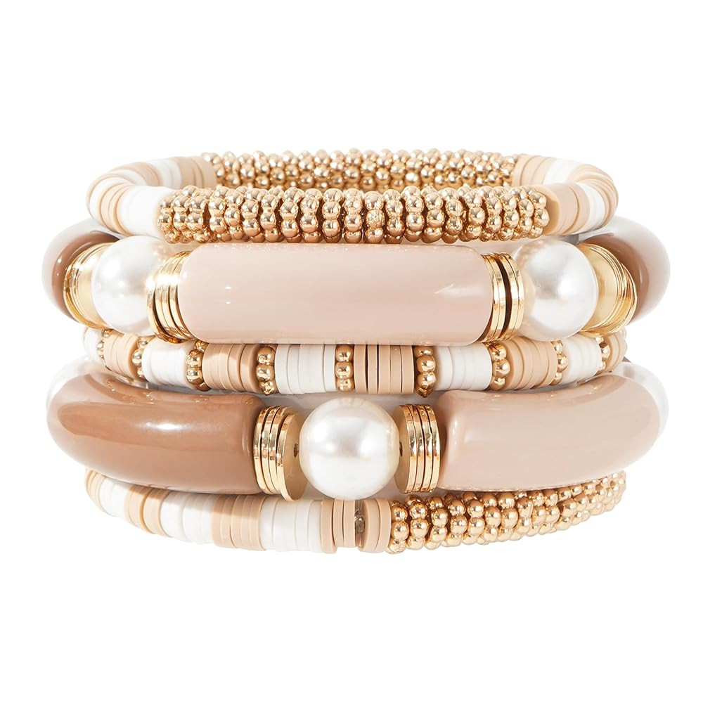 GOOJIDS Simple Beaded Gold Bangles Bracelet Chunky Bamboo Tube Curved Stacking Clear Acrylic Colo... | Amazon (US)