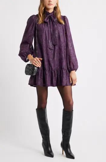 Treasure & Bond Metallic Floral Jacquard Long Sleeve Shift Minidress | Nordstrom | Nordstrom