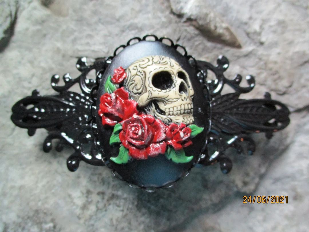 Skull & Roses Hand Painted Cameo Black Filigree Barrette - Etsy | Etsy (US)
