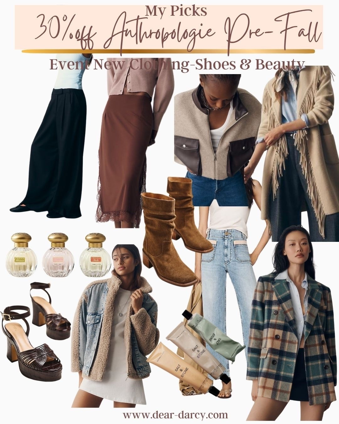 30% off Anthropologie Pre Fall Event 

My picks 
Clothing, shoes, beauty 

Things perfect to start building your fall wardrobe on sale 
Trousers - satin lace skirt - front pocket pants - plaid blazer fringe jacket 
Great boots 
Fabulous block heal sandals
 
Bomber jacket with faux leather 

Hand lotion set  of 3

Tocca perfume set of 3

#LTKOver40 #LTKSaleAlert