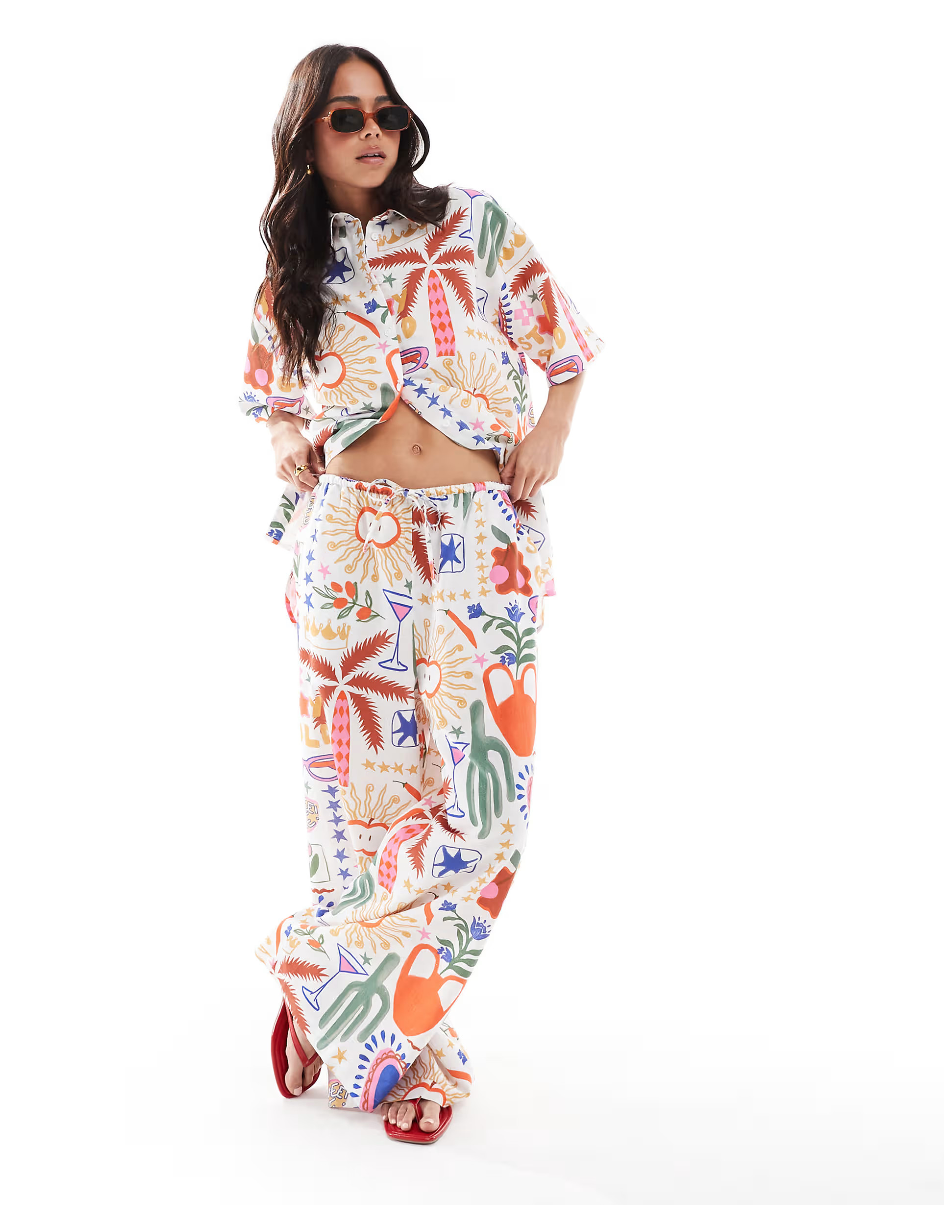 ASOS DESIGN wide leg pull on pants in cactus print - part of a set | ASOS (Global)