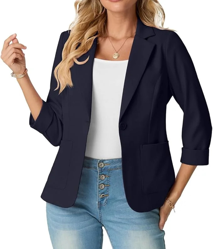 JWD Women's Slim Fit 3/4 Sleeve Notched Lapel Blazer - One Button Business Office Jacket with Poc... | Walmart (US)