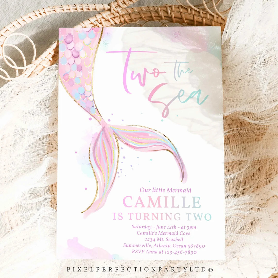 Editable Mermaid Two the Sea 2nd Birthday Invitation Purple Pink Gold Whimsical Mermaid Under the... | Etsy (US)
