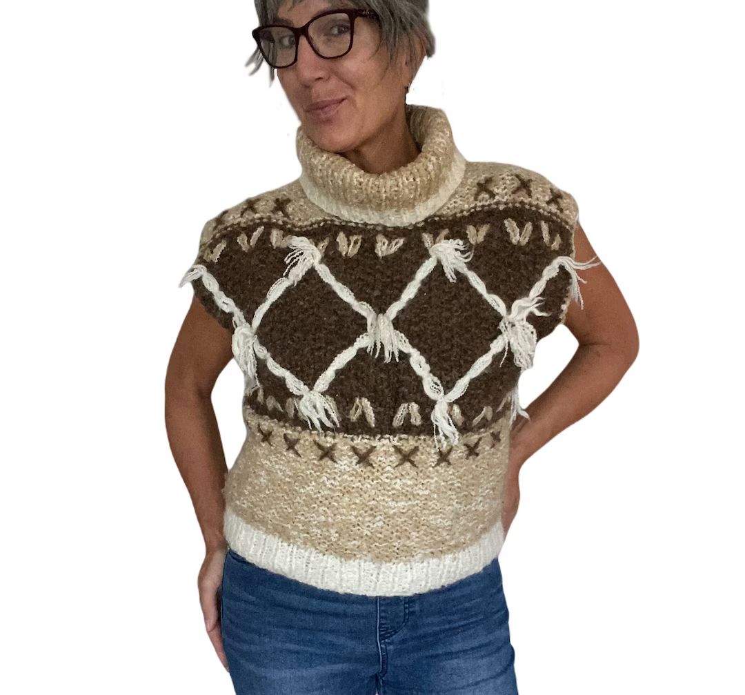 Sleeveless Cowl Neck Sweater, Embellished 80s Aesthetic Textured Vintage Sweater Vest. M - Etsy | Etsy (US)