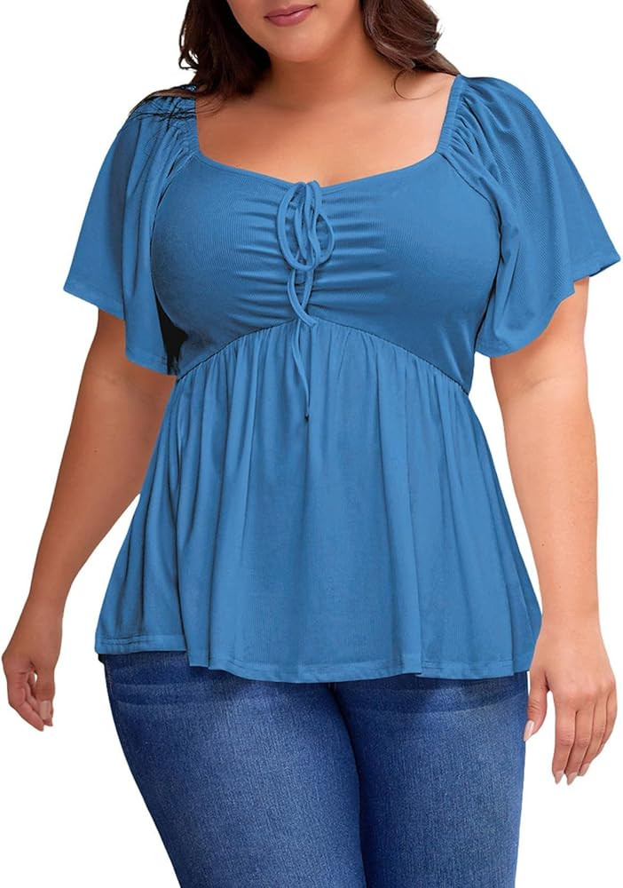 Eytino Womens Plus Size Tops Short Sleeve Sweetheart Neck Shirred Peplum Blouse Shirts(1X-5X) | Amazon (US)