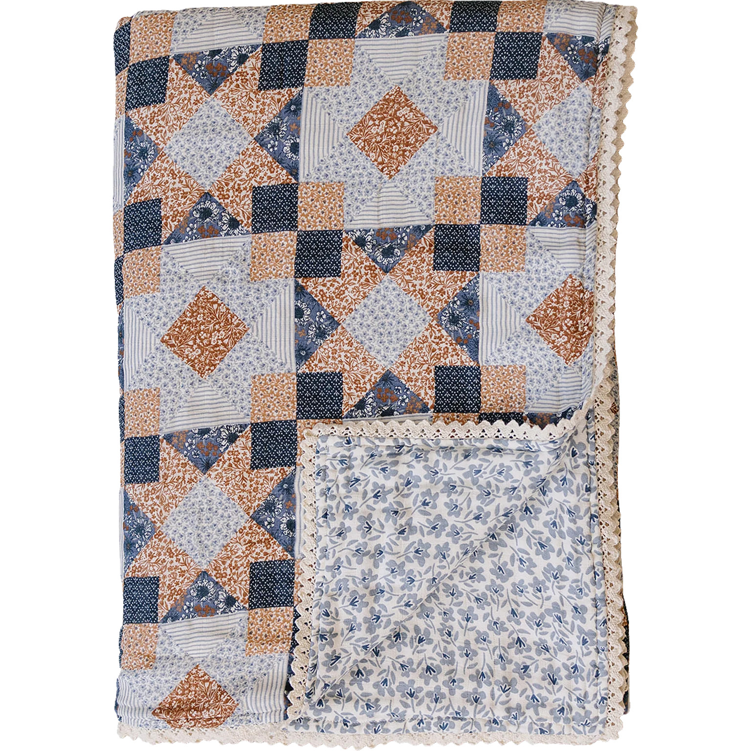 Patchwork Print + Blue Blossom Lace Twin Muslin Quilt | Mebie Baby