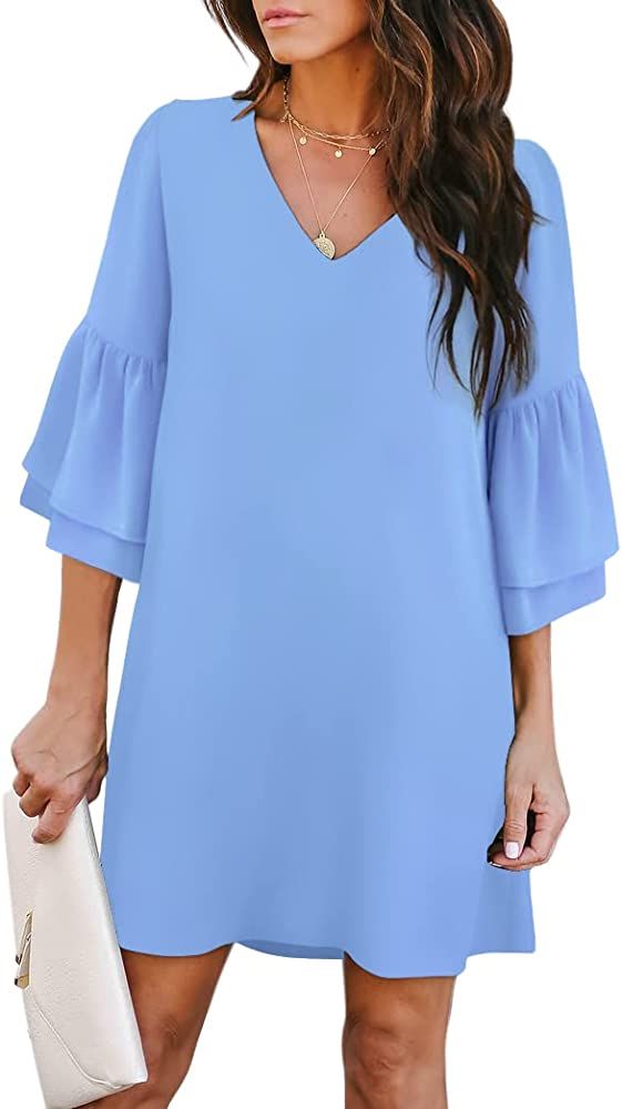 BELONGSCI Women's 2023 Summer Dress Sweet & Cute V-Neck Bell Sleeve Shift Dress Mini Dress | Amazon (US)