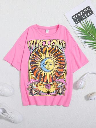 SHEIN Kids Cooltwn Tween Girl Sun & Letter Graphic Drop Shoulder Tee | SHEIN