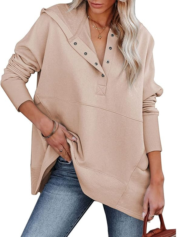 PAODIKUAI Women Casual Button Hoodies Oversized V Neck Long Sleeve Pullover Sweatshirt Hooded Top... | Amazon (US)