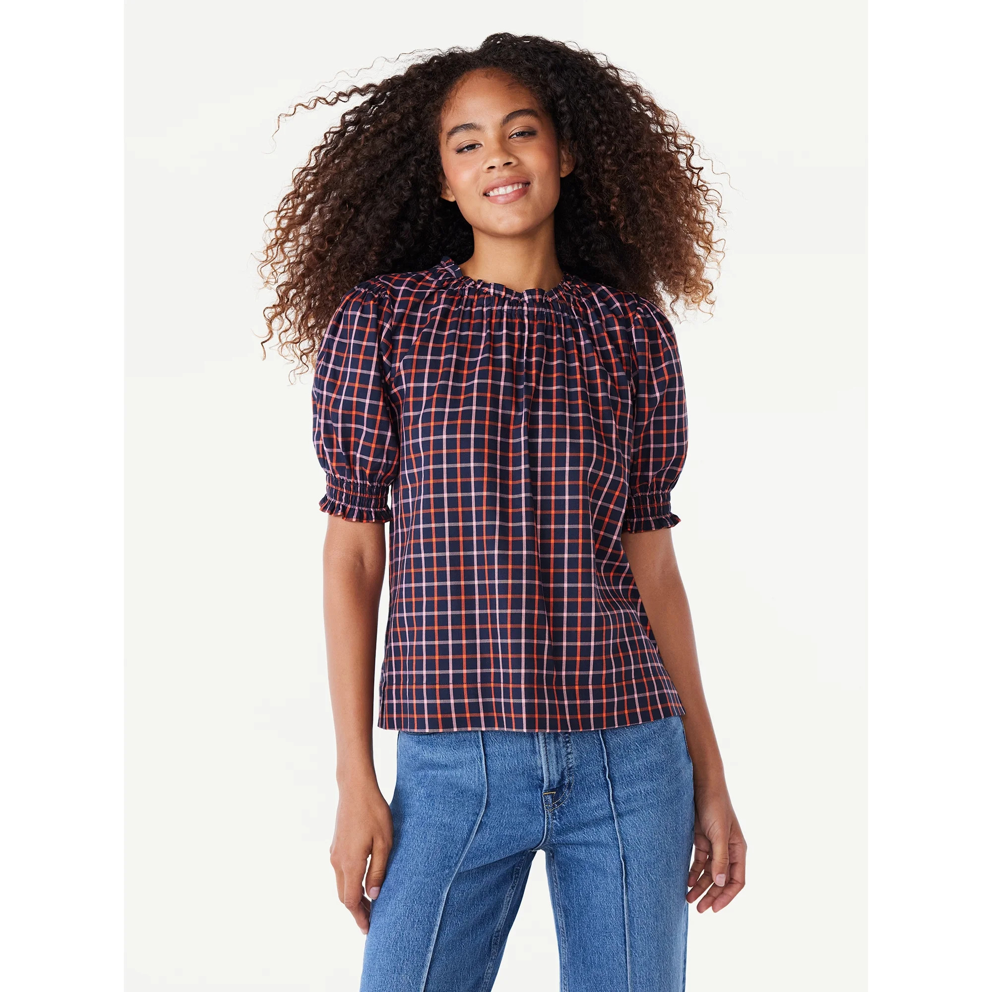 Free Assembly Women's Plaid Ruffle Neck Top with Short Puff Sleeves, Sizes XS-XXL | Walmart (US)