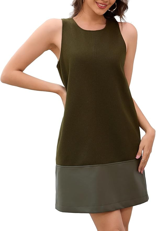 Ladyful Women's Faux Leather Mini Dress Tunic Sleeveless Woolen Shift Dress Crewneck Back Zipper ... | Amazon (US)