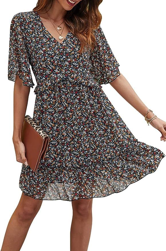 Manydress Women’s Summer Floral Print V Neck Casual Mini Boho Ruffle Swing Dress MY068 | Amazon (US)