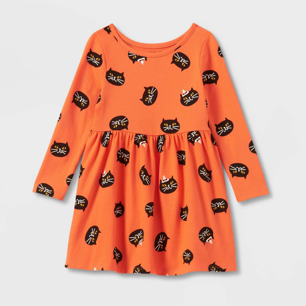 Toddler Girls' Halloween Cat Long Sleeve Knit Dress - Cat & Jack Orange 3T | Target