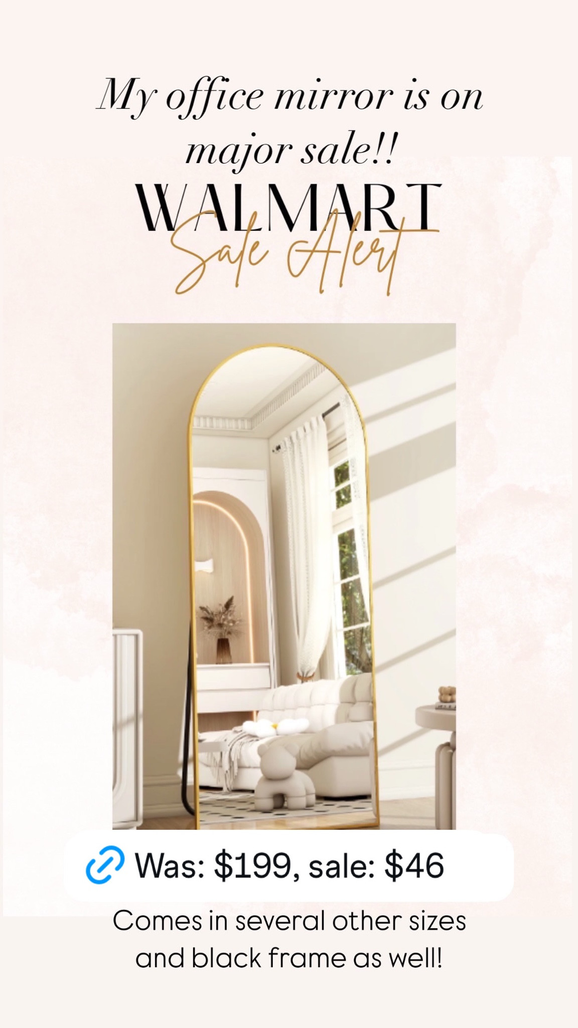 Walmart Deal! My office mirror is on major sale! Comes in several different sizes and also comes in black. 


Walmart sale, gold mirror,
Floor length mirror, home decor, Walmart home decor, full length mirror, black mirror

#LTKHome #LTKCyberWeek #LTKSaleAlert