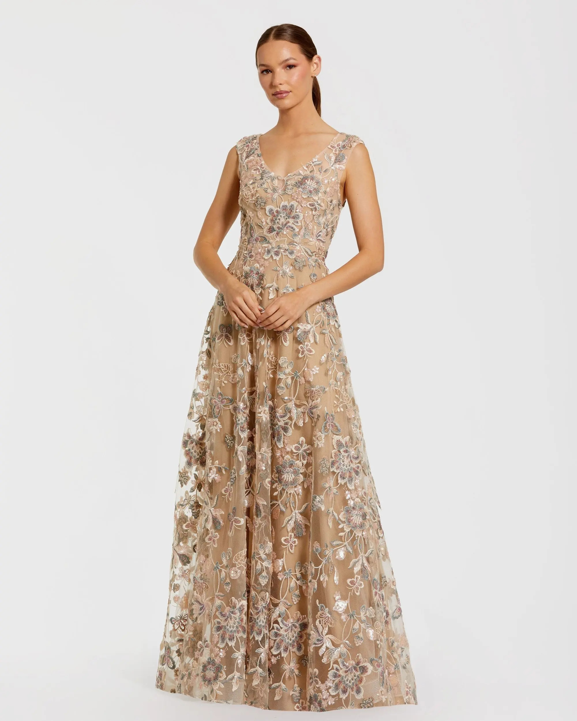 Beige Floral Embroidered Sleeveless V Neck Gown | Mac Duggal | Mac Duggal