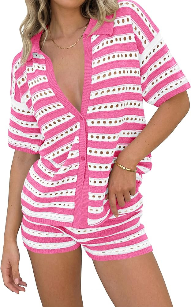 Saodimallsu Womens Crochet Swimsuit Coverup Summer 2 Piece Outfits Striped Knit Short Sleeve Butt... | Amazon (US)
