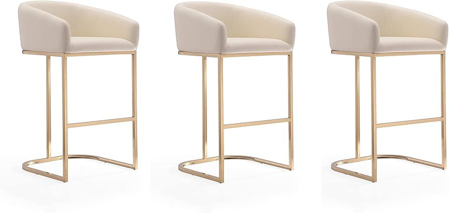 Manhattan Comfort Louvre Mid Century Modern Home Kitchen Counter Bar Stool, Set of 3, Cream | Amazon (US)