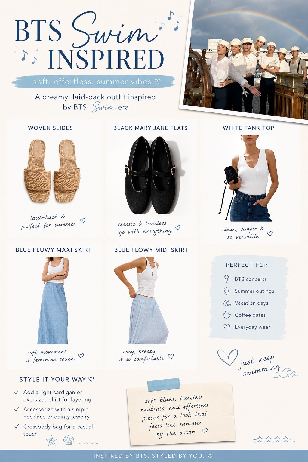 🎶 BTS Swim inspired and summer-ready 💙

I love how simple yet elegant this look feels—soft blues, crisp white basics, and timeless shoes that can be styled so many ways. The perfect outfit for warm weather, coffee dates, vacation strolls, or a BTS-inspired day out.

Save for your next outfit idea ✨🤍💙

#LTKFashion #BTSInspired #SummerStyle #SoftGirlAesthetic #CoastalStyle #OutfitInspiration #MinimalFashion #BlueAndWhite #CapsuleWardrobe #ARMYStyle 💜

#LTKootd #LTKSeasonal #LTKdayinmylife