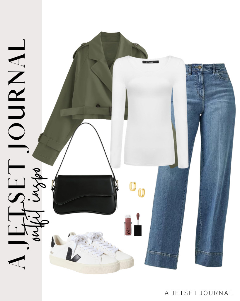 A dark green trench coat over a white long-sleeve T-shirt and jeans is a big yes! I love it even more when paired with Nautica fashion sneakers and a stylish shoulder bag. 

 #LTKSeasonal #LTKSaleAlert #LTKTravel