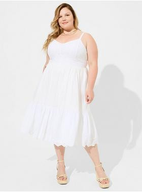 Festi Eyelet & Gauze Button Front Midi Dress | Torrid (US & Canada)