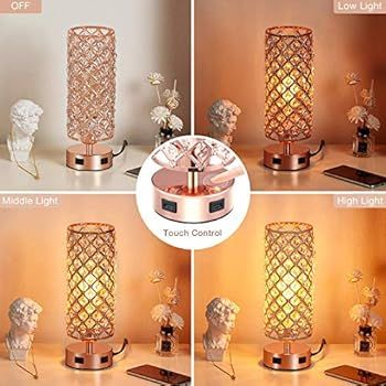 Touch USB Table Lamp, Rose Gold Lamp 3 Way Dimmable with Crystal Lampshade, Bedside Lamp with Dua... | Amazon (US)