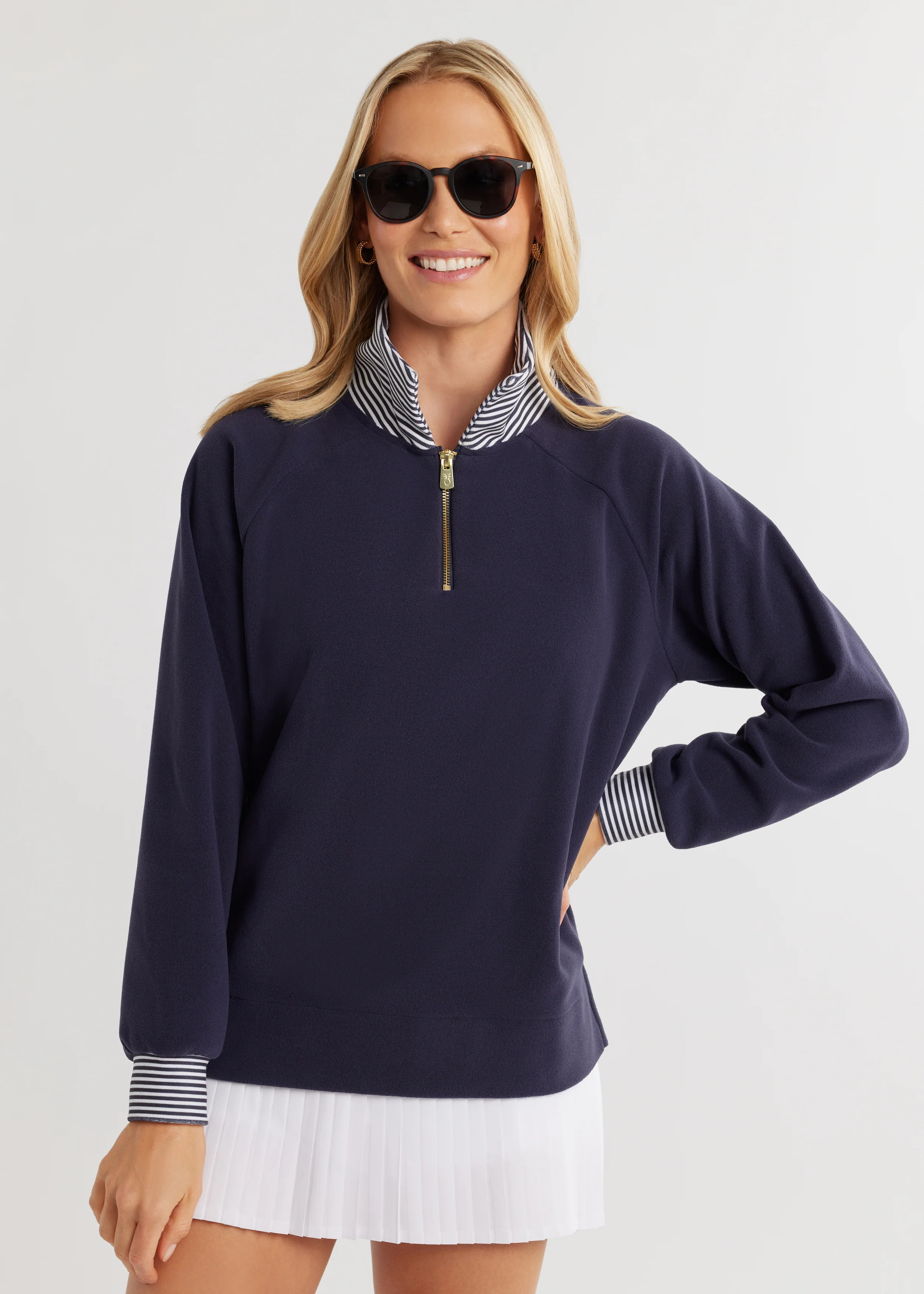 Phoebe Top in Terry Fleece (Navy with White Stripe) | Dudley Stephens