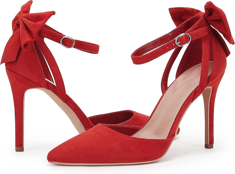 Fashare Womens High Heels Bow Tie Back Sexy Stiletto Ankle Strap Wedding Dress Pumps Shoes | Amazon (US)
