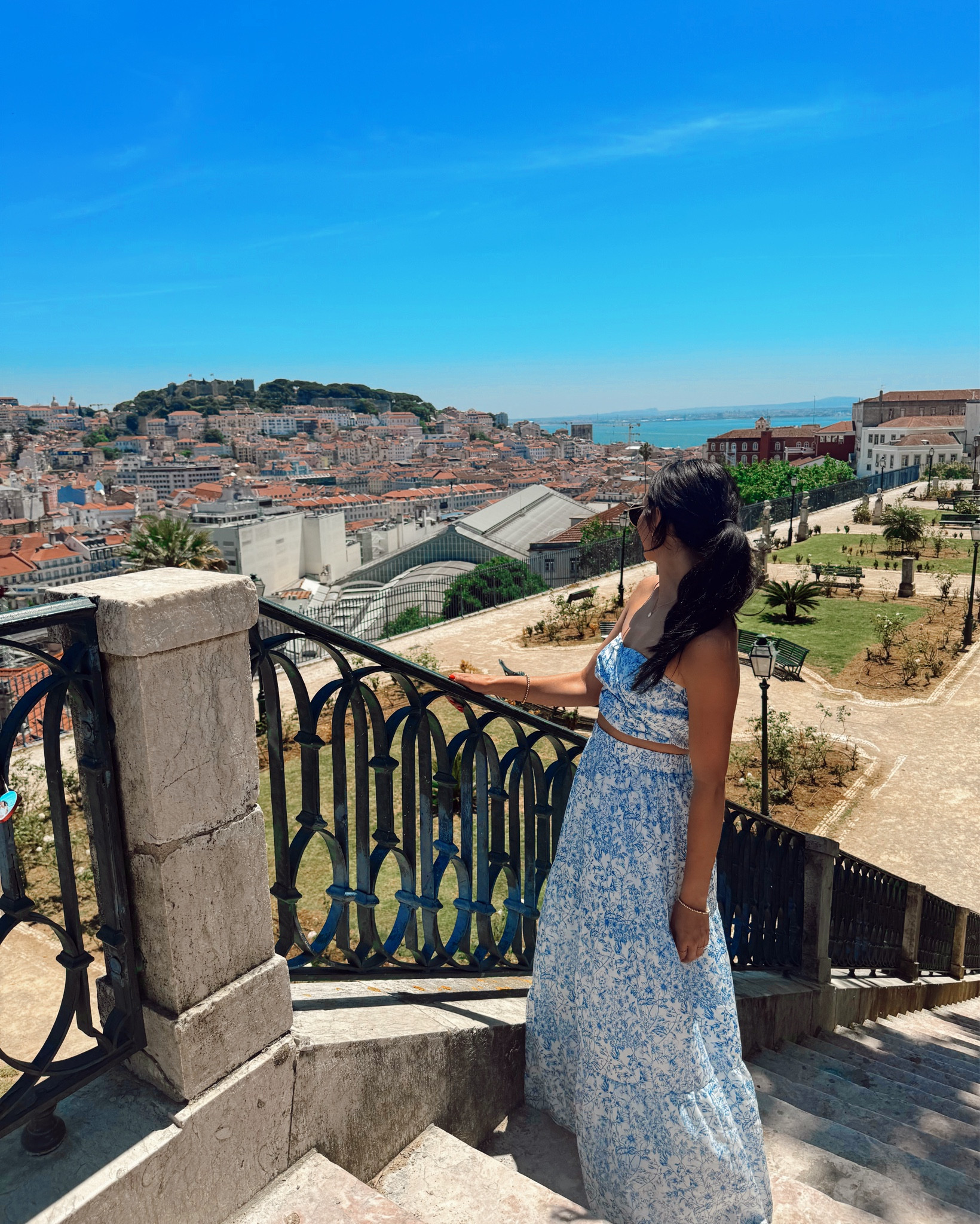 European blue two piece outfit travel 