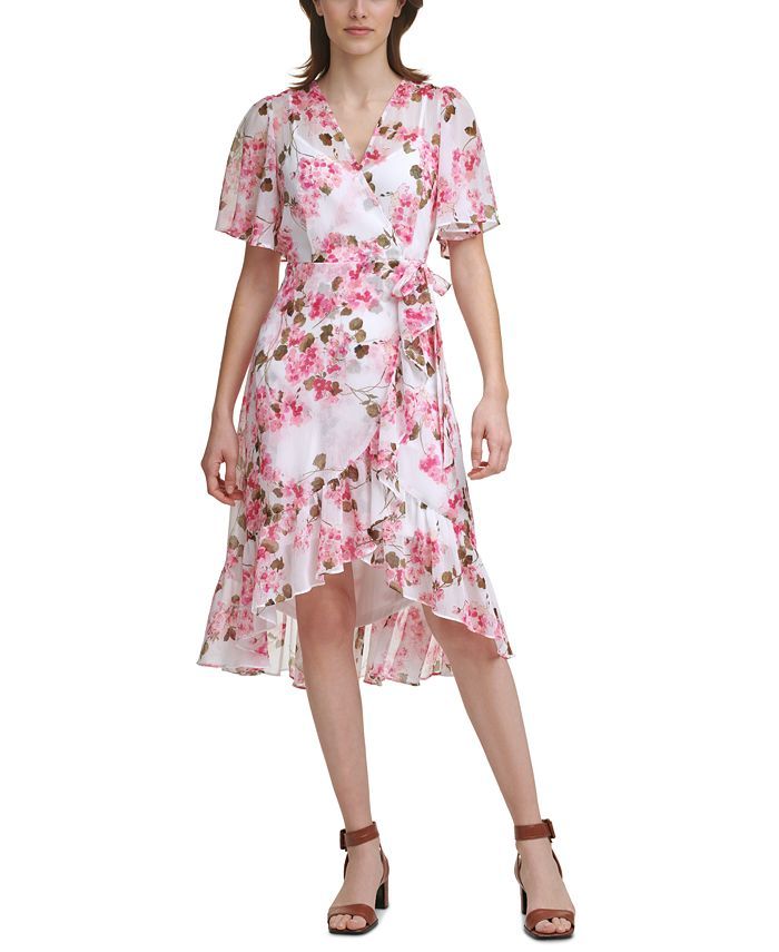 Flutter-Sleeve Faux-Wrap Dress | Macys (US)