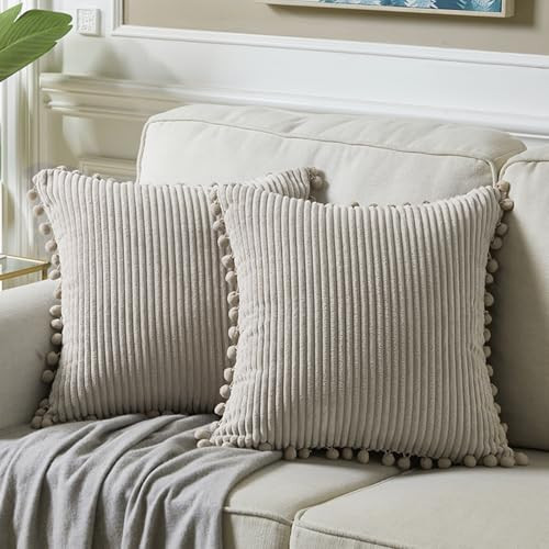 Fancy Homi 22x22 Pillow Covers, Pack of 2 Neutral Taupe Throw Pillow Covers with Pom-poms, Super Soft Corduroy Square Solid Cushion Cover for Couch Sofa Bedroom Living Room 55x55 cm | Amazon (US)