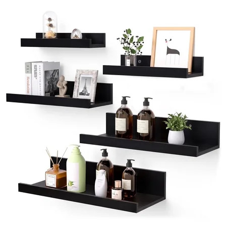 Floating Shelves, Sindcom Home Wood Shelf Wall Mounted, Set of 5, Multiple Sizes, Black | Walmart (US)