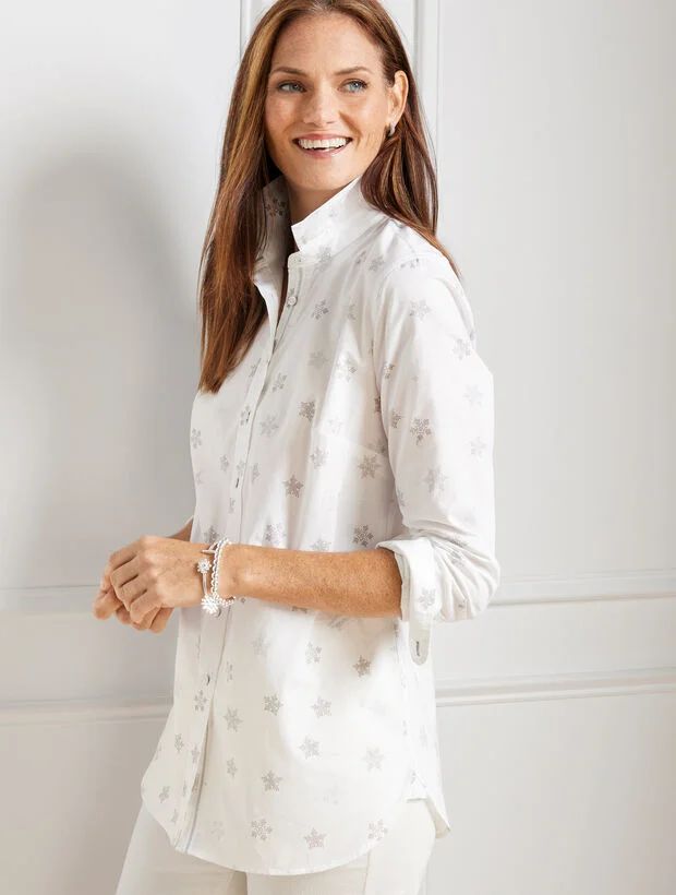 Cotton Button Front Shirt - Foil Snowflakes | Talbots