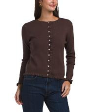 Micro Button Cardigan With Lettuce Cuff Detail, Nylon/Polyester/Rayon | TJ Maxx