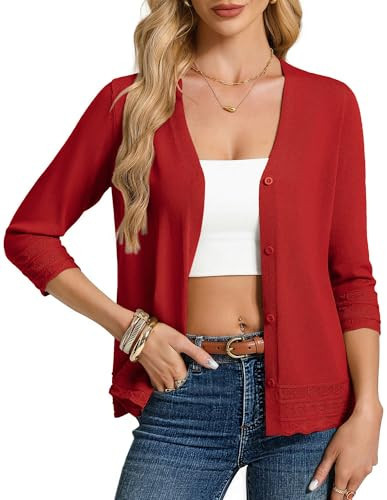 GRACE KARIN Womens Red Cardigans Dressy Casual 3/4 Sleeve Button Up Cardigan Sweater Lightweight Summer Cardigan(Red,Large) | Amazon (US)