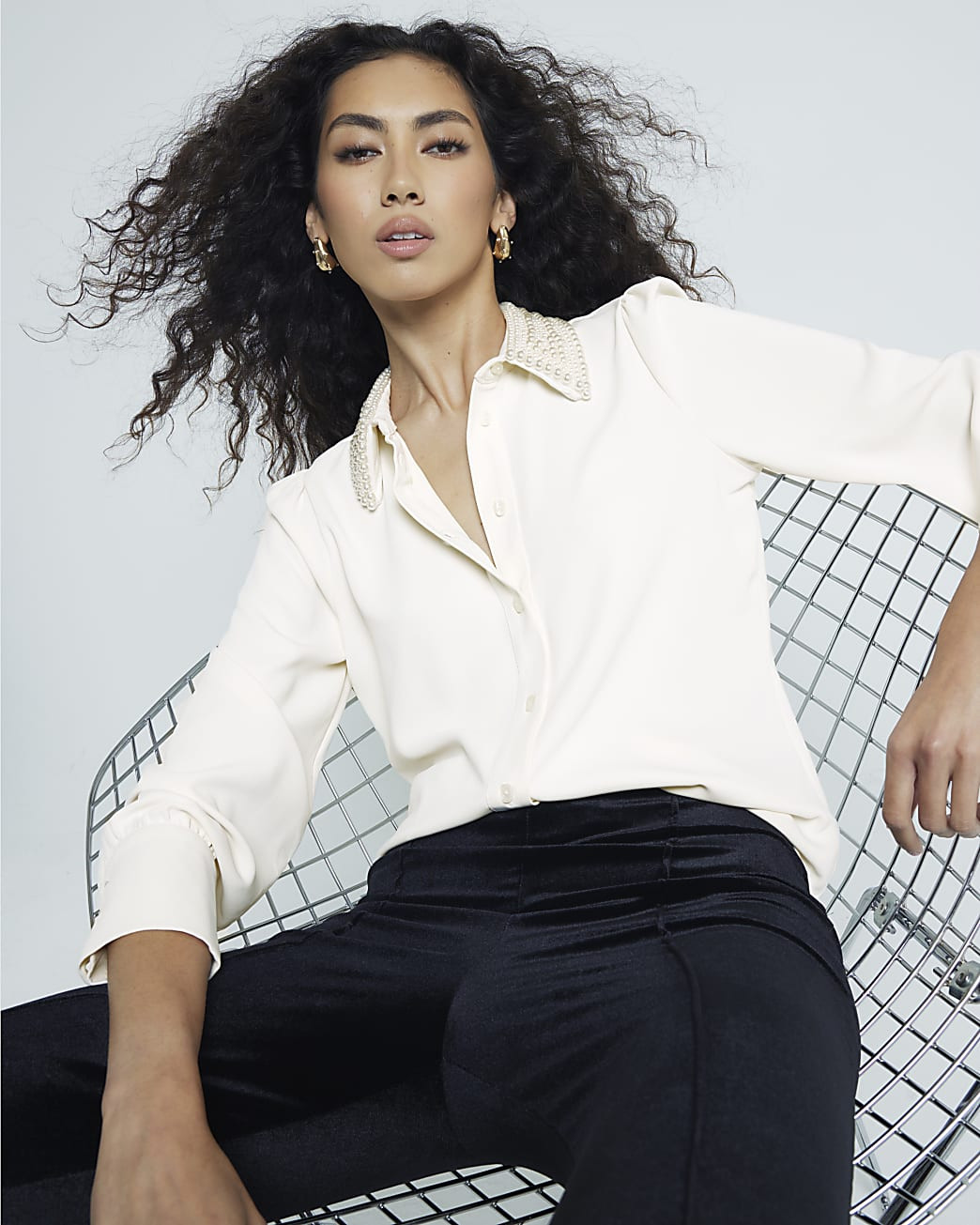 Cream Long Sleeve Pearl Trim Collar Shirt | River Island UK & IE