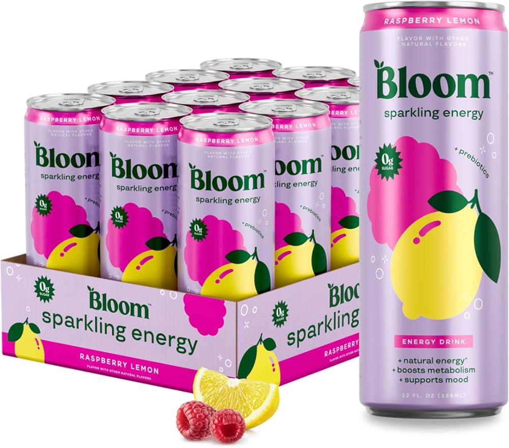 Bloom Nutrition Zero Sugar Energy Drink, Raspberry Lemon, 12oz 12pk | Amazon (US)