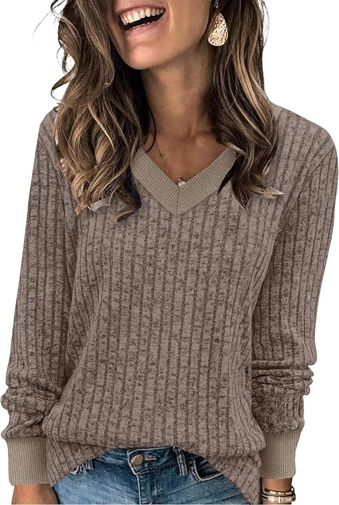 SAMPEEL Women's V Neck Color Block Long Sleeve Shirts–Casual Fall Tops, Lightweight Tunic Sweat... | Amazon (US)