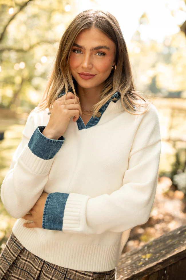 Cecil Ivory And Denim Collared Sweater | Pink Lily