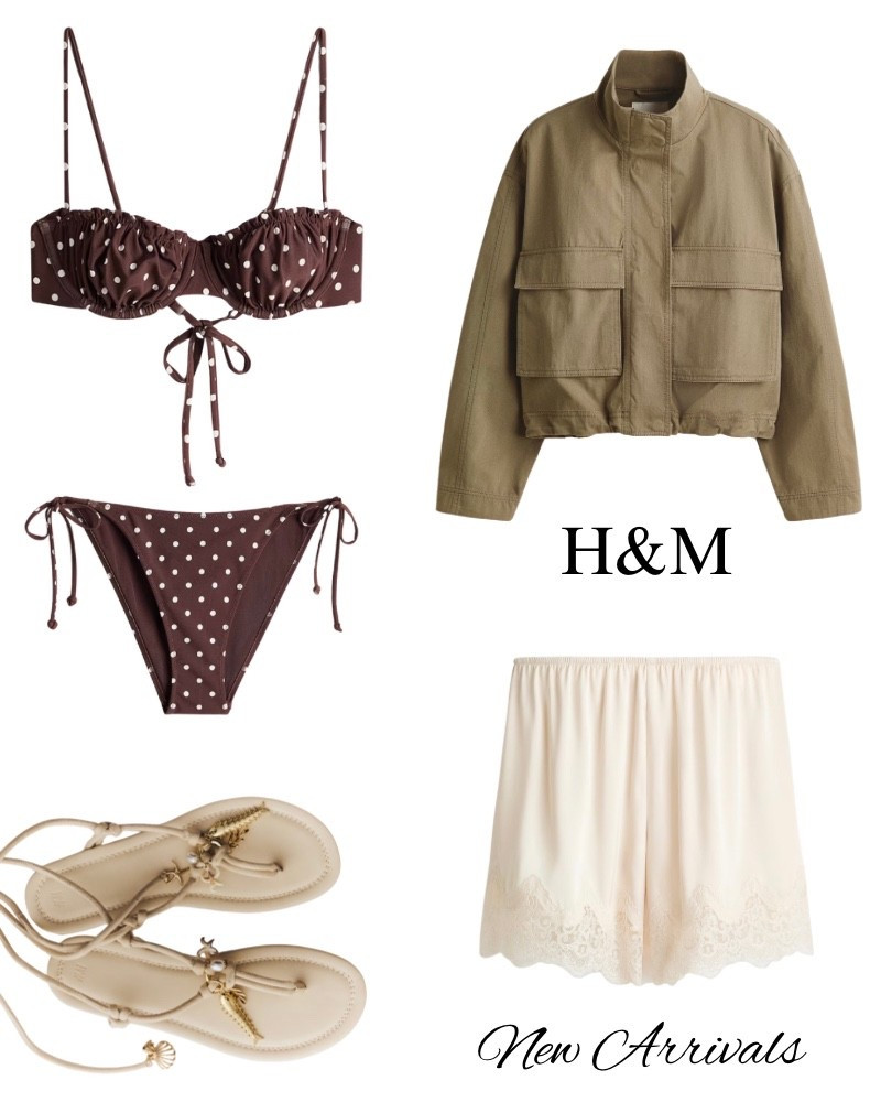 H&M new arrivals, utility jacket, lace shorts, polkadot, bikini, sandals, beach, pool, vacation, resort, trendy.

#LTKSwim