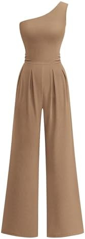 KIRUNDO Jumpsuits For Women Dressy Sleeveless One Shoulder Ribbed Knit Wide Leg Rompers With Pock... | Amazon (US)