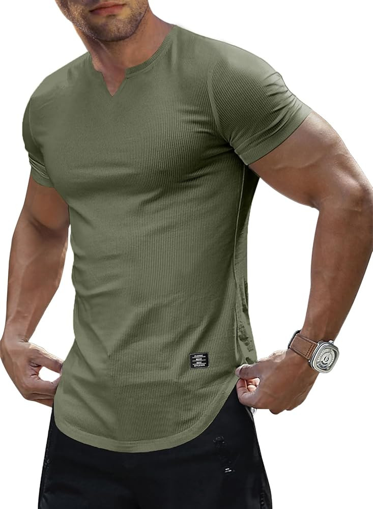 JMIERR Mens Muscle Slim T Shirts Texture V Neck Longline Henley Gym Workout Athletic Tee Shirt | Amazon (US)