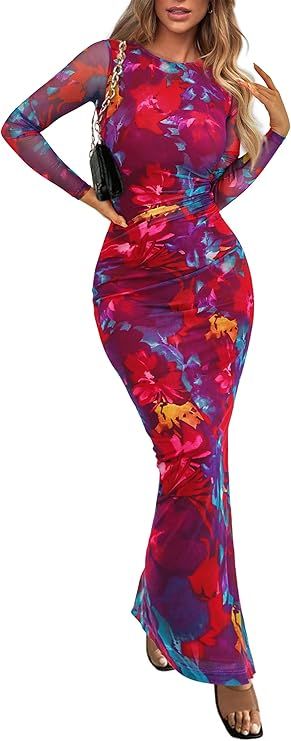 PRETTYGARDEN Women's Bodycon Maxi Dress Fall Fashion Long Sleeve Floral Print Tight Fitted Party ... | Amazon (US)