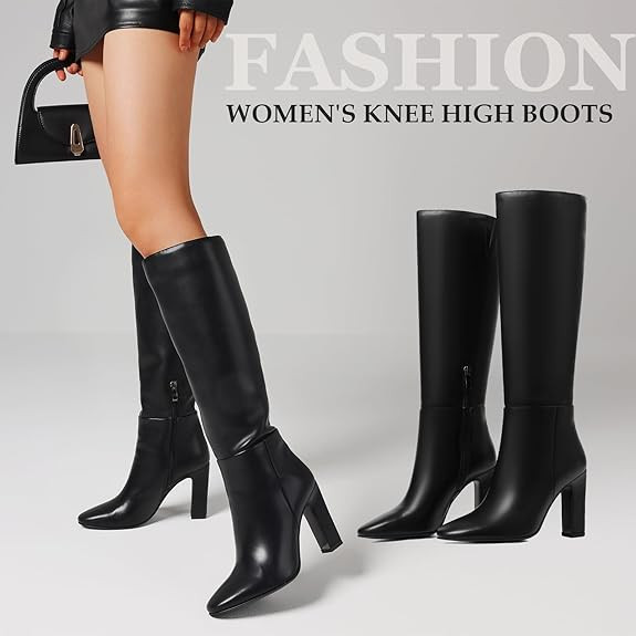 Womens Knee High Boots Round Toe Tall Boots Block High Heel Boots Side Zipper Long Boots Comforta... | Amazon (US)