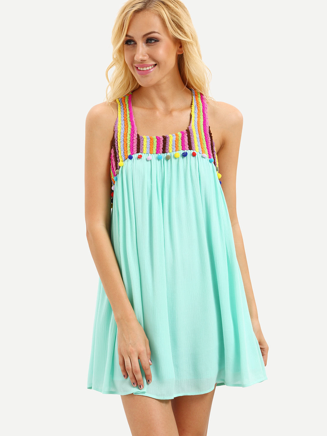 Mint Green Sleeveless Pom Pom Trim Shift Dress | SHEIN